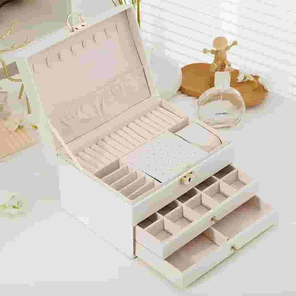 Porta Joias Luxury 3 Camadas com Gavetas, Organizador Grande de Joias e Bijuterias, Caixa Porta-Jóias com Interior em Veludo, Organizador de Bijuterias (Branco)