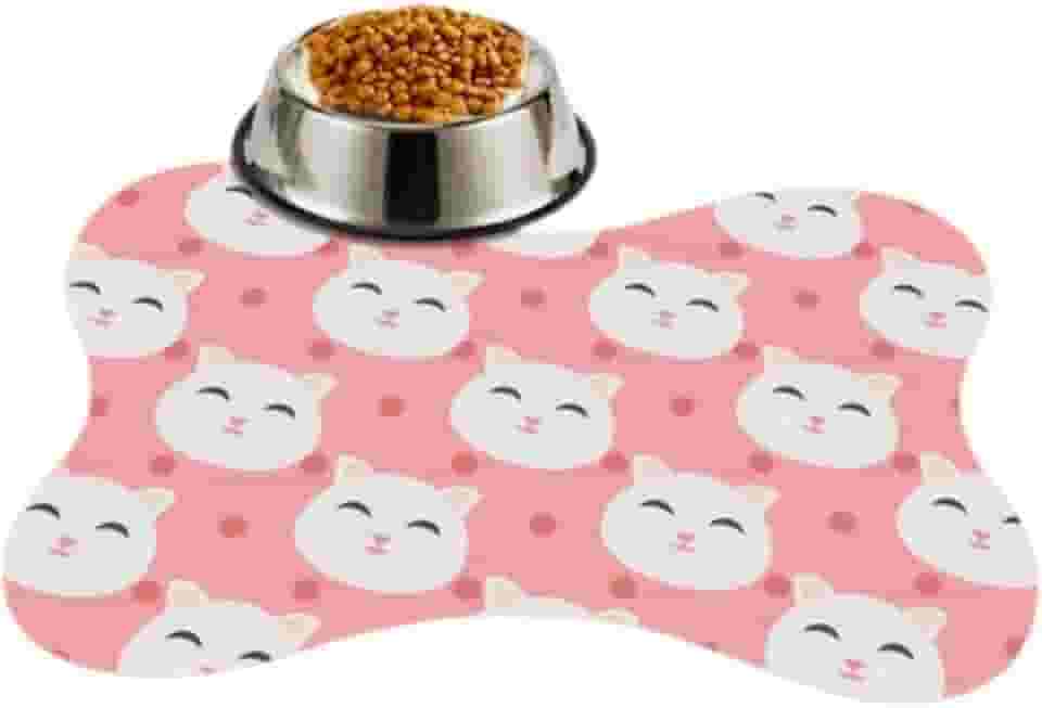 Tapete Pet Antiderrapante Emborrachado Pequeno Ossinho Comedouro Bebedouro Macio Gatinho Rosa