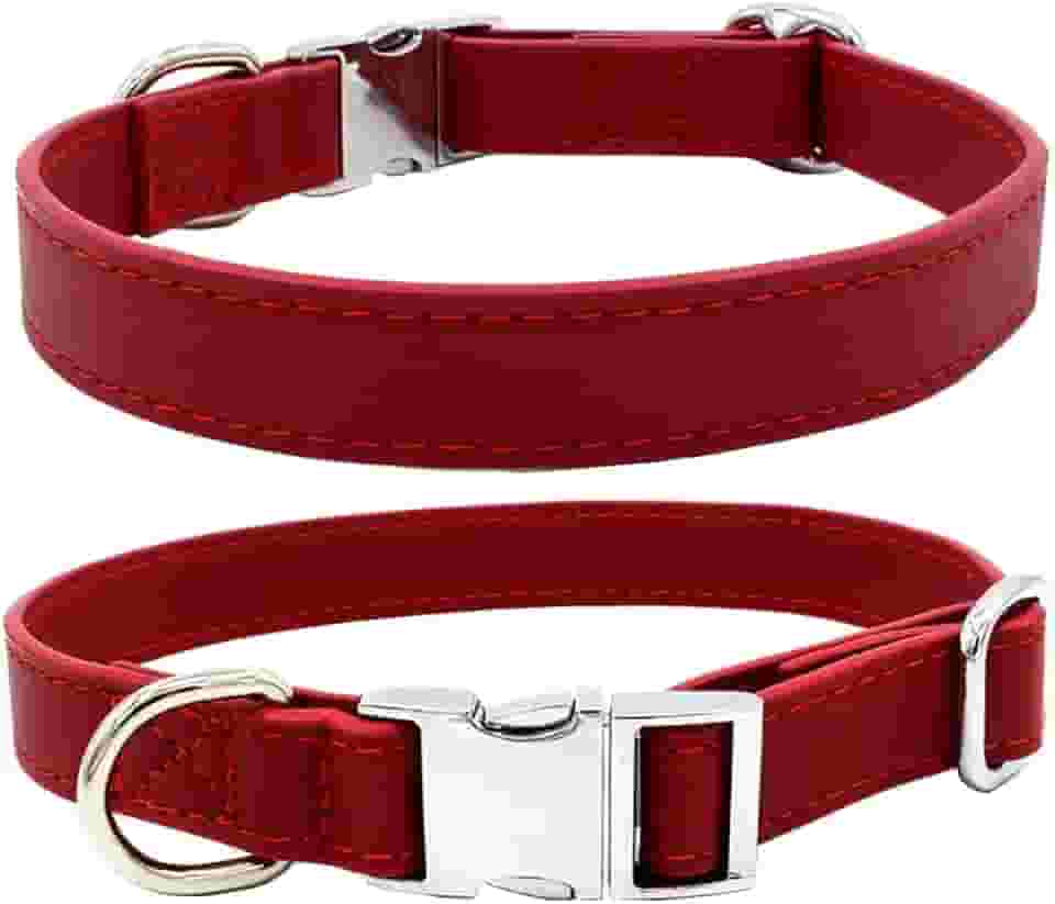JiangYanus Coleira de couro para cães com fivela de metal de liberação rápida, coleira resistente ajustável para cães pequenos, médios e grandes (P: ajustável 23-35 cm, largura 1,5 cm, vermelha)