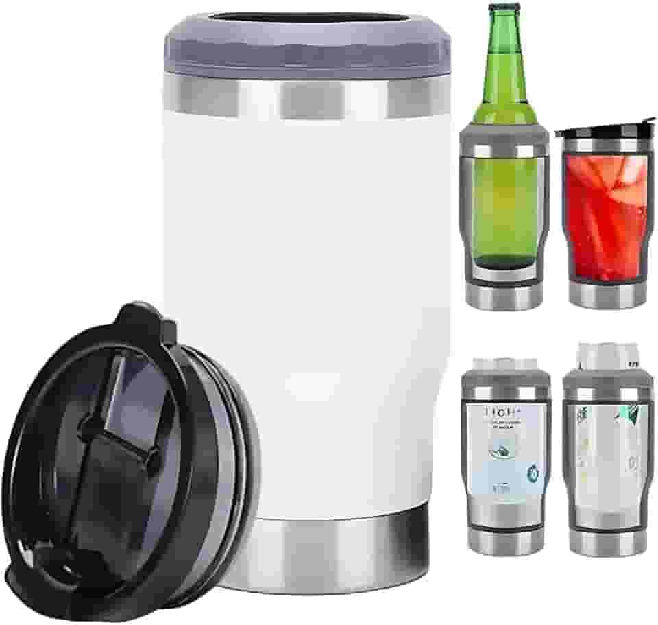 Caneca Porta Latas e Isolador 4 em 1 para Lata Fina e Padrão de 355ml e Long Neck de Cerveja. Copo Térmico de Aço Inoxidável Isolado a Vácuo e Termocooler (Branco)