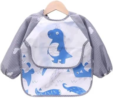 Babador Manga Longa Impermeável Avental Con Cata Migalhas - Blw - Dino Azul