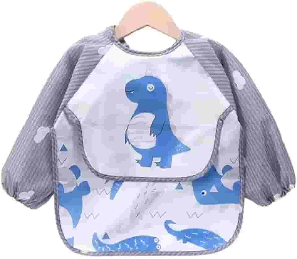 Babador Manga Longa Impermeável Avental Con Cata Migalhas - Blw - Dino Azul