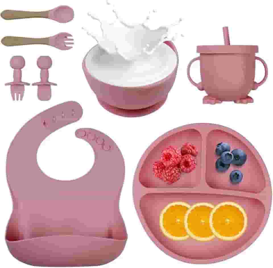 Kit Introdução Alimentar Bebe 8 Peças Silicone Iniciação Para Alimentos Livre de BPA Atóxico Prato + 2 Talheres Silicone + 2 Talheres Cabo de Madeira Sem Pontas + Bowl Babador Copo (rosa escuro RUBI)