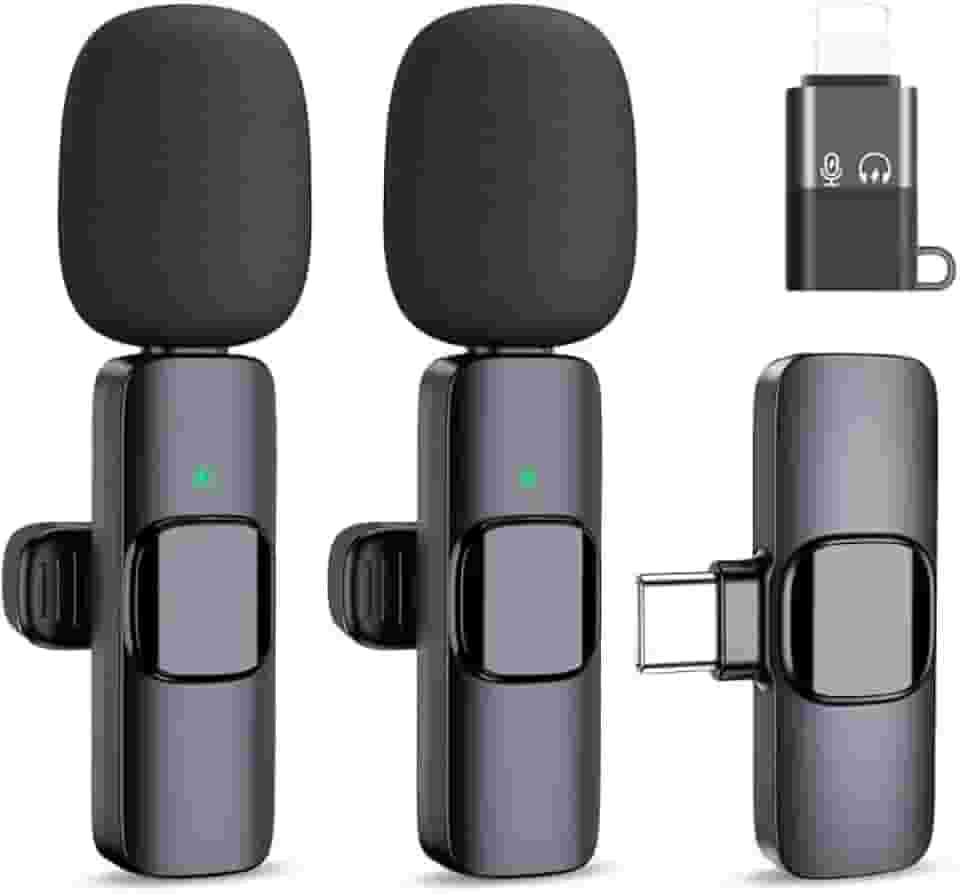 Kit Microfone de Lapela Profissional Sem Fio Compativeis (Tipo C e IOS) Podcast, Youtubers, Influencer e TikTok Com Redução de Ruidos Altamente Sensivel Com 2 Entradas Amplamente Premium