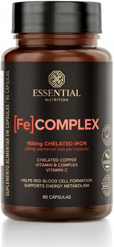 Fe Complex Ferro Quelado + Vitamina C Essential Nutrition – Suplemento de Ferro para Imunidade, Energia e Absorção Eficiente – 90 Cápsulas