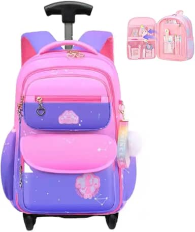 Mochila de carrinho Rodinhas Infantil Imperme?vel e com Grande Capacidade, mochila escolar para crian?as de 6 a 13 Anos (princesa rosa com azul)