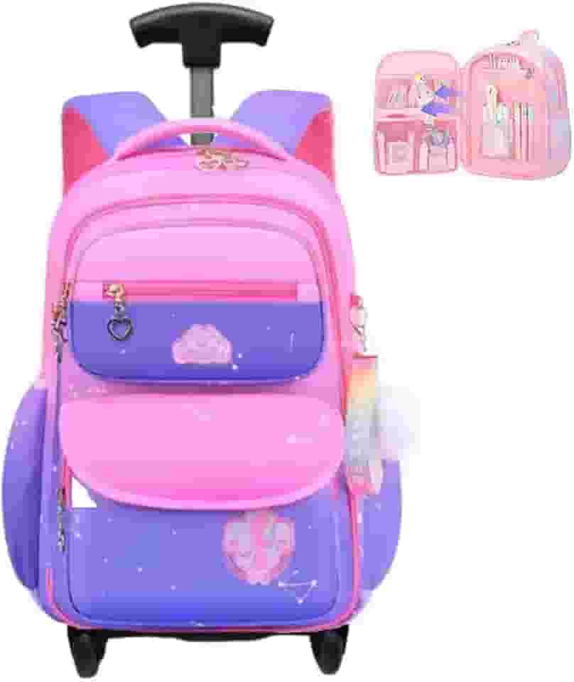 Mochila de carrinho Rodinhas Infantil Imperme?vel e com Grande Capacidade, mochila escolar para crian?as de 6 a 13 Anos (princesa rosa com azul)