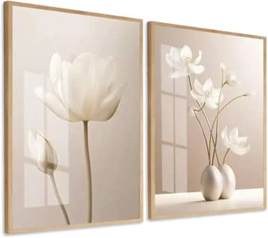 Kit 2 Quadros Decorativos Flores Bege Tons Nude Moldura e Vidro Sala Quarto Corredor (moldura amadeirada sem vidro)