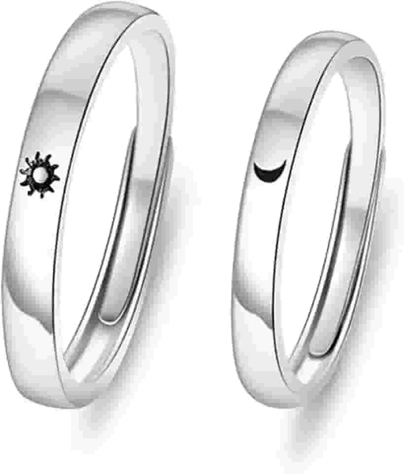 Alianças Casal Sol e Lua, Anéis Ajustáveis em Prata, Conjunto de 2 Peças