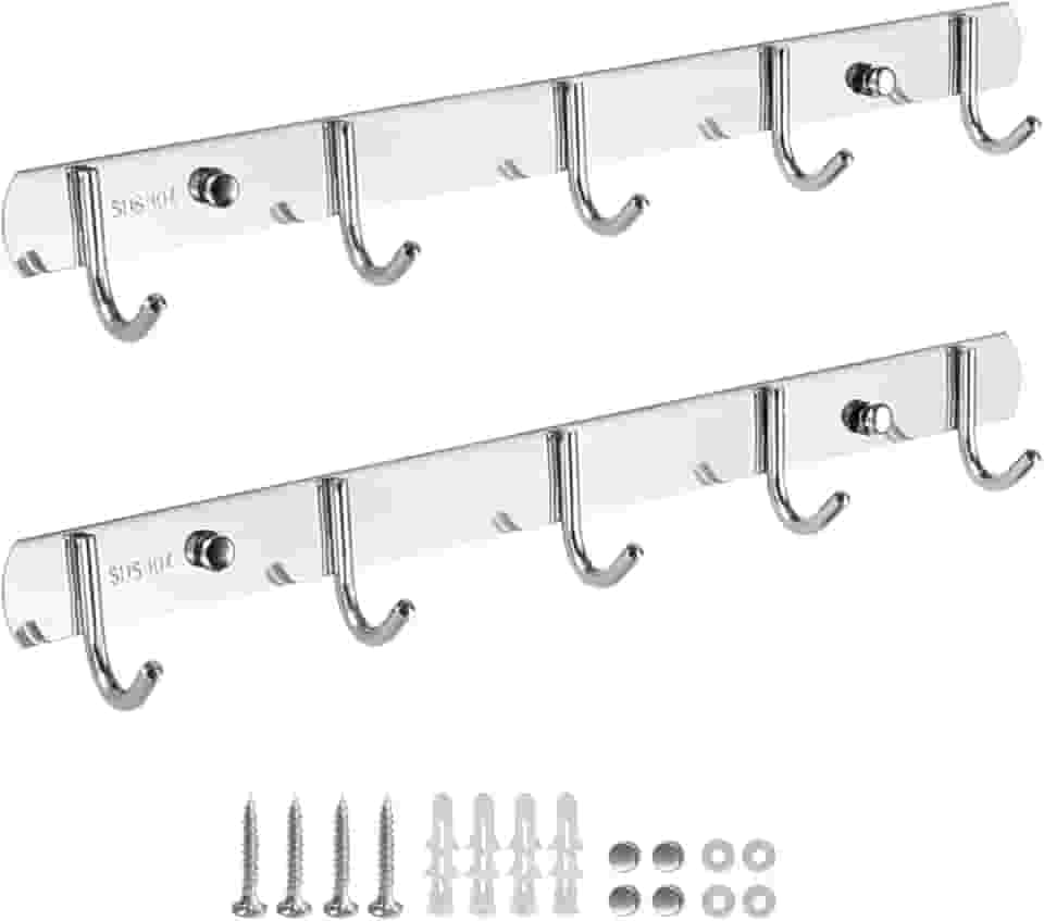 Kit 2 Cabideiros de Aço Inoxidável 304 Espessado com Montagem na Parede - Cabideiros de Parede com 5 Ganchos, Ganchos de Montagem Prata para Sala de Estar, Cozinha, Banheiro (2)