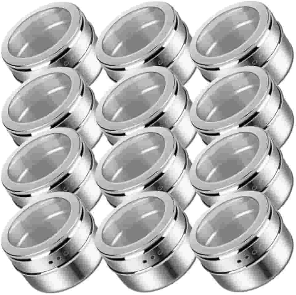 Conjunto 12 Potes Porta Condimentos Com Imã Inox Magnético Geladeira