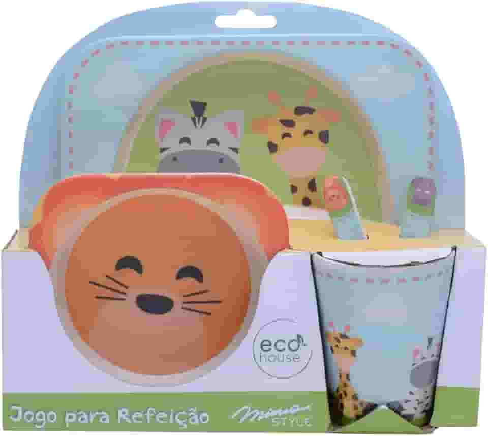 Mimo Style Jogo Para Refeição Safari Infantil Eco-Friendly, Feito de Bambu Natural Ecológico. Possui Imagens Impressas de Animais. Jogo é Composto de Prato, Garfo, Bowl e Copo (320ml), BF20197