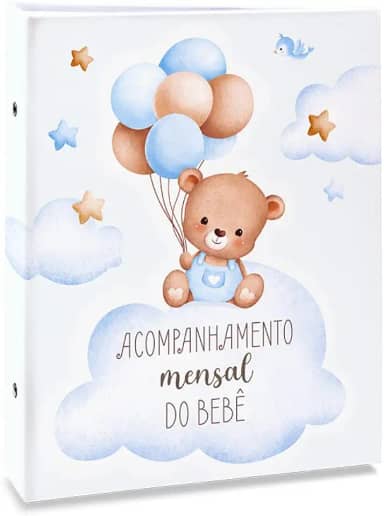 Álbum de fotos Ical, encadernação tradicional, para 80 fotos 15x21cm - linha Bebê Acompanhamento - modelo azul - urso balões - 82