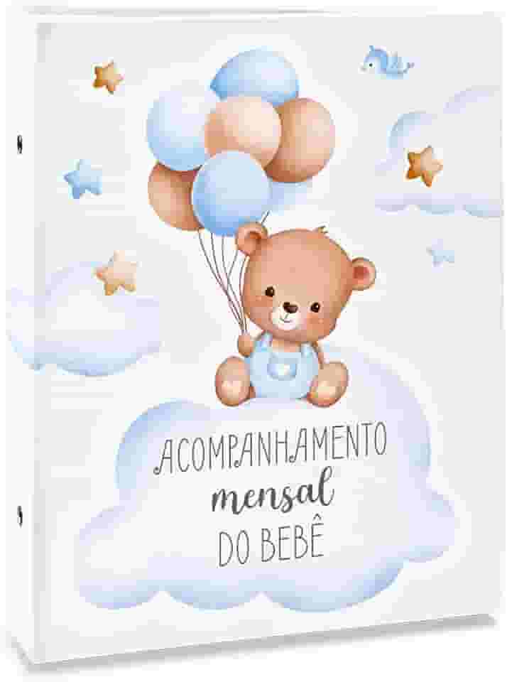 Álbum de fotos Ical, encadernação tradicional, para 80 fotos 15x21cm - linha Bebê Acompanhamento - modelo azul - urso balões - 82