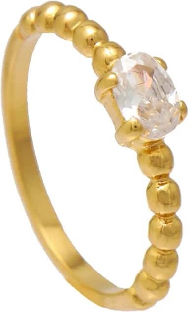 Anel Solitáio de Zircônia Oval e Aro De Bolinhas Folheado a Ouro 18K Softjoias