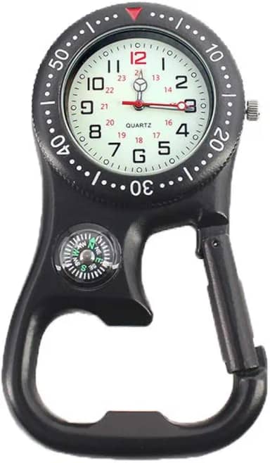 Relógio masculino feminino com clipe de mosquetão e bússola para aventuras ao ar livre com bolso luminoso, Preto