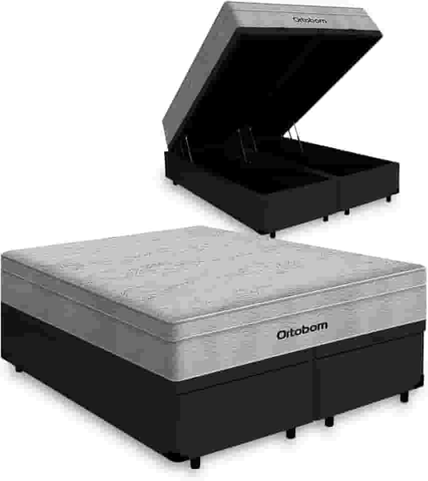 Cama Box Baú + Colchão de Molas Ensacadas - AirTech SpringPocket - Ortobom (Preto, Queen)