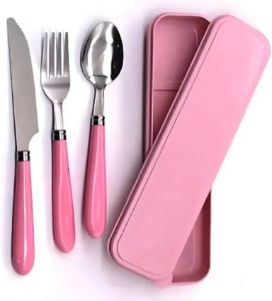 Jogo De Talher Inox Portátil 3 Peças Com Estojo | Colher Garfo Faca Marmita Viagem Trabalho Escola – Cabo Plástico Resistente, Higiene e Praticidade- Rosa