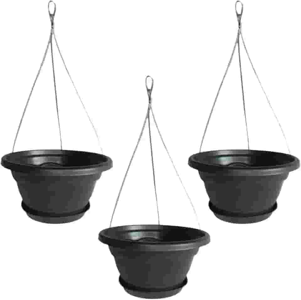 Kit 3 Vaso Cuia 21 Suspenso Com Prato + Cabo de Aço 40cm Vaso Pendente de Parede Para Samambaia Preto de Plástico Reciclado - 1927