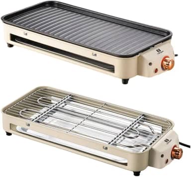 Versátil Churrasqueira Elétrica Portátil 220V Ferro Inox 1500W Alta Potência Desmontável Fácil Limpeza Pouca Fumaça Controle de Temperatura Ótimo Para Casa e Acampamento (Bege, 220V)