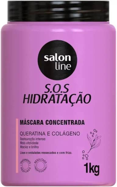 Salon Line, Máscara Capilar, SOS Hidratação, Concentrada, Queratina e Colágeno - Cabelos Lisos, Ondulados, Cacheados e Crespos, 1 Kg