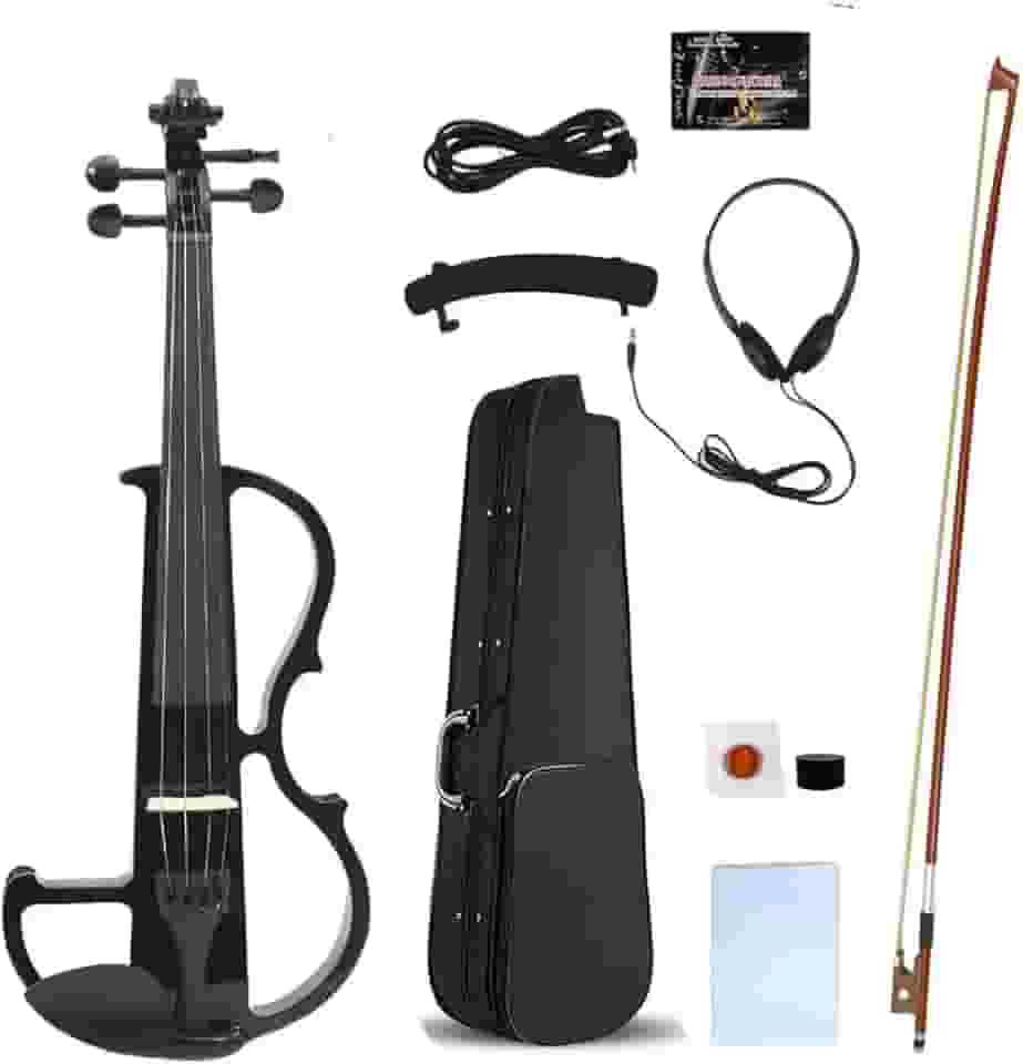 Yinfente Violino elétrico 4/4 tamanho completo silencioso 4 cordas estudante iniciante violino ébano acessórios com estojo laço descanso de ombro cabo de resina fone de ouvido