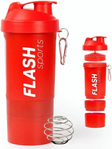 Coqueteleira Shaker Academia 3 Compartimentos para Suplementos com Misturador Integrado, 500ml, Vermelho