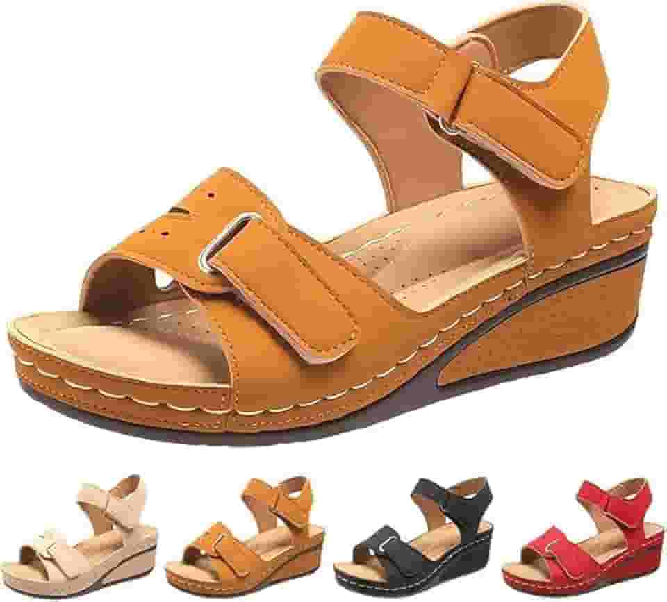 Sandálias de cunha macias e elegantes para conforto sem esforço 2025 sandálias ortopédicas de couro plataforma de caminhada femininas largas com tira no tornozelo com suporte de arco