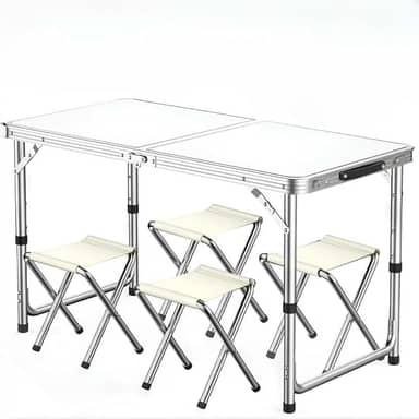 Mesa Dobrável Portátil de Alumínio em Maleta 120x60cm /4 Banquetas - Prática para Camping, Praia, Área Externa e Viagens - Vira Maleta com Alça Resistente(Branco +4 Bancos(120x60))