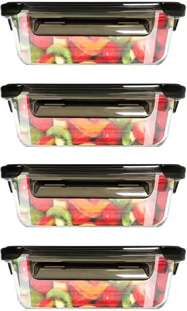 Kit 4 Potes de Vidro Hermético Retangular com Tampa, 680ml - Marmita para Comida com 4 Travas, Organizador Porta Frios e Mantimentos na Geladeira, Vai ao Microondas, Forno e Lava-Louças