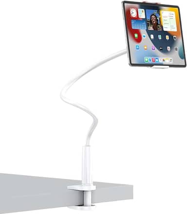 Suporte giratório de 360 graus para tablet e telefone com braço longo ajustável, suporte flexível universal para mesa e cama