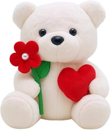 Wu Bichos de Pelúcia Urso Lovezinho, Pelúcia Macia, 22cm, Branco com Flor e Coração Vermelho, Presente Romântico