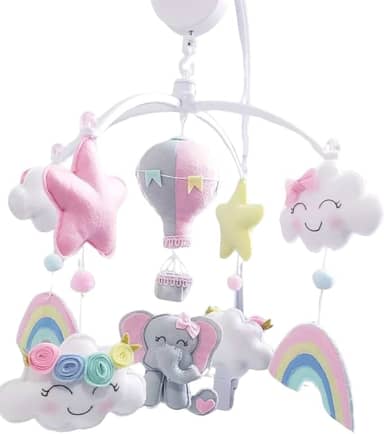 Móbile Musical Giratório Berço Elefante, Elefantinha, Chuva de Amor, Arco Íris Rosa