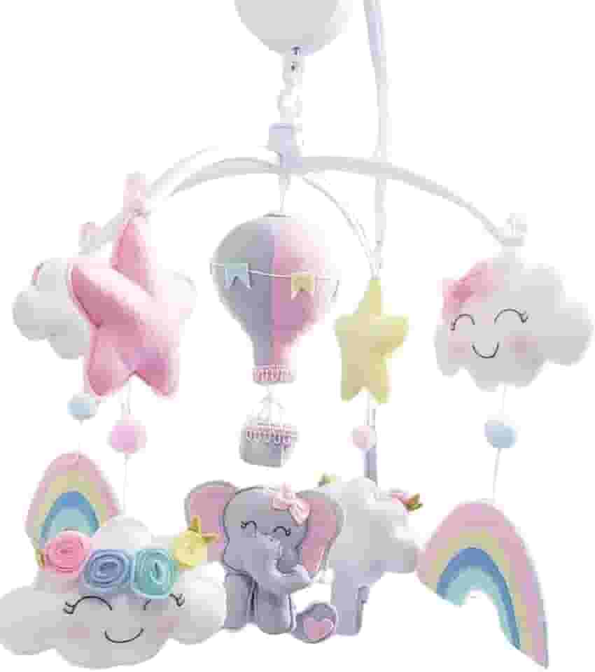 Móbile Musical Giratório Berço Elefante, Elefantinha, Chuva de Amor, Arco Íris Rosa