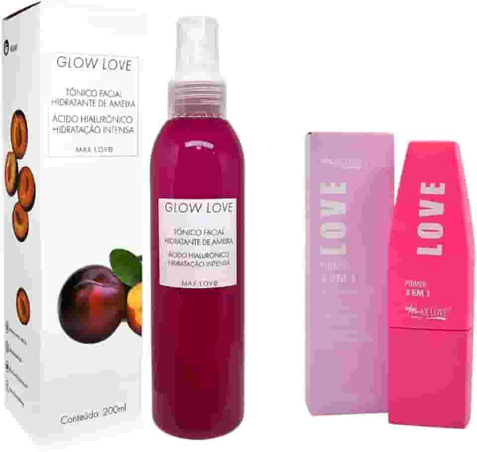 Kit Hidratação e preparação pré maquiagem- Primer Hidratante e Fixador Pré Maquiagem 3 em 1 com Vitamina C e Ácido Hialurônico + Tônico Facial GLOW LOVE de Ameixa - Pele Radiante e Duradoura M. Love