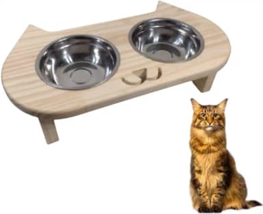 Genérico Comedouro Elevado para Gatos, 2 Tigelas em Aço Inox, Base em Madeira, Tamanho Pequeno, Alimentação e Água