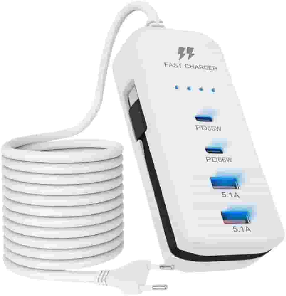 Carregador USB USB-C PD (Power Delivery) de Parede, Tomada Carregador, Hub, com 4 Portas, 2 Portas USB-C PD 66W, 2 Portas USB 5.1A