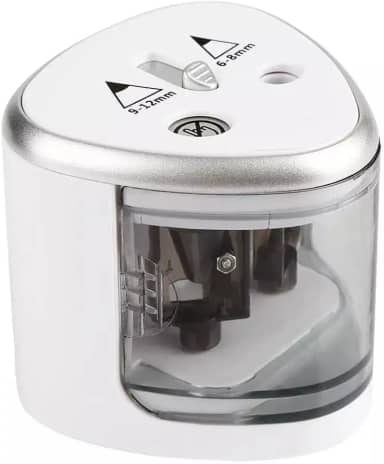 Apontador Elétrico Duplo Automático Portátil com Tampa Transparente para Lápis 6-12mm – Ideal para Escola, Escritório e Uso Profissional Á Pilha Branco Premium