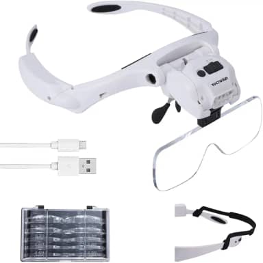 Lupa de cabeça YOCTOSUN com 5 luzes de LED, recarregável, mãos livres, lupa com 5 lentes intercambiáveis, ótimos óculos de lupa para joias, artes e artesanato, hobby