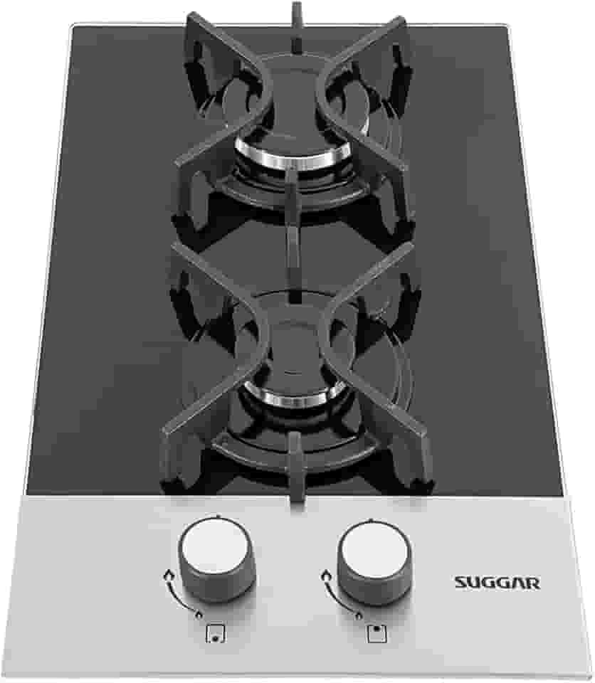 SUGGAR COOKTOP VIDRO PRETO E INOX A GÁS 2 QUEIMADORES ESMALTADOS DIFERENTES TAMANHOS TREMPES FERRO FUNDIDO FG2002FVPIX