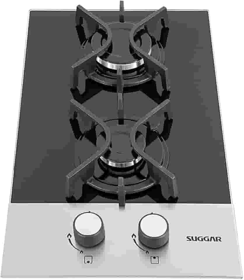 SUGGAR COOKTOP VIDRO PRETO E INOX A GÁS 2 QUEIMADORES ESMALTADOS DIFERENTES TAMANHOS TREMPES FERRO FUNDIDO FG2002FVPIX