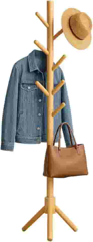 Cabideiro de Chão em Madeira 175 cm de Altura 8 Ganchos Mancebo Cabideiro Arara de Madeira Polida Ecológica e Vertical Desmontável e Leve Ideal para Pendurar Roupas e Acessórios Premium