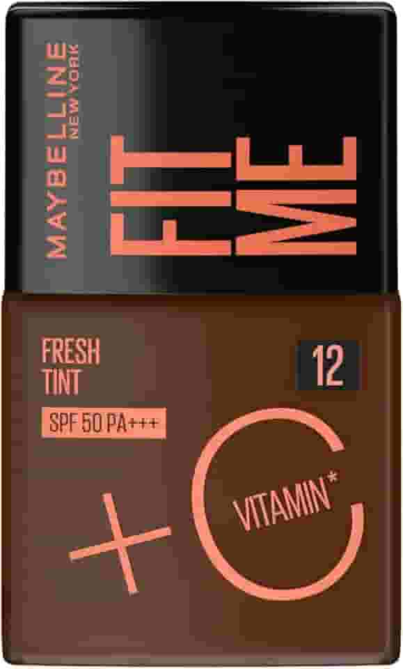 Maybelline NY Fit Me Fresh Tint Base Líquida, Proporciona Efeito Glow Natural, Controla a Oleosidade e Uniformiza a Pele com Vitamina C e FPS 50, Cor 12, 30ml