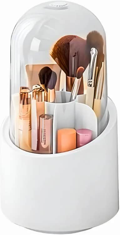 Porta Pincel Giratório 360° Com Tampa em Acrílico, com 7 Divisórias, Organizador de Maquiagem Pincéis de Maquiagem, Porta Pincel, Organizador Pincel para Viagem (Branco)