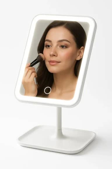 Espelho de Mesa com LED Recarregável | 3 Tons de Luz Ajustáveis | Botão Touch | Base Porta-Objetos | Maquiagem & Skincare| Portátil