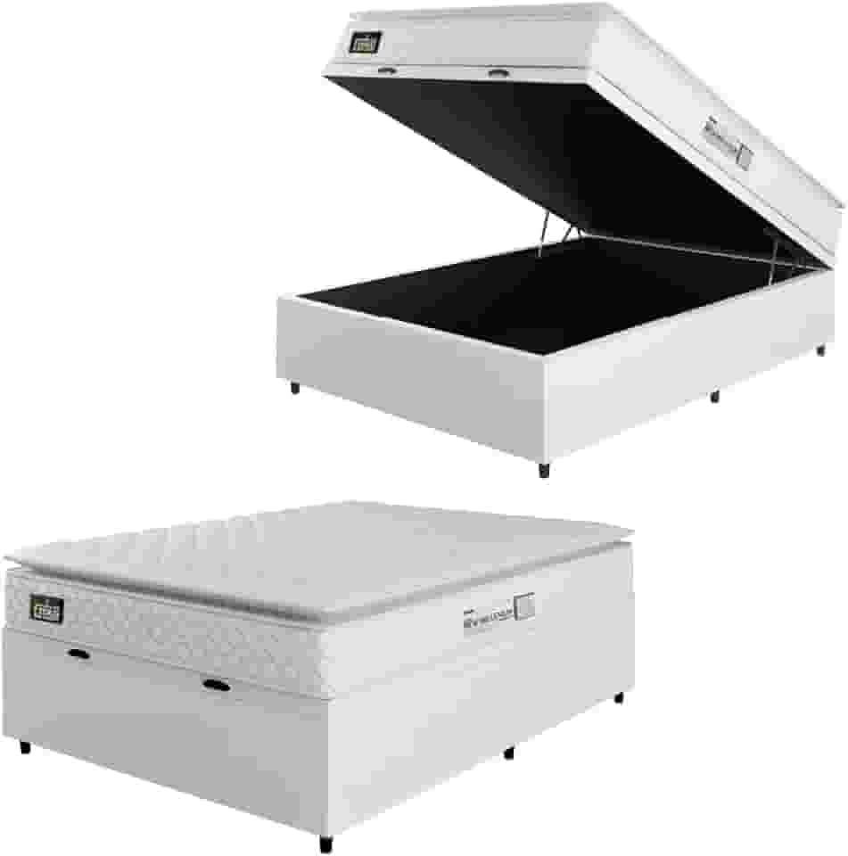 Cama Box Baú Colchão Espuma D33 Pillow Top New Millenium Branco Hellen – Suporta Até 120 Kg Por Pessoa (Casal 138x188x60cm)