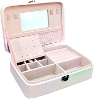 Porta Joias com Espelho para Anéis, Brincos e Colares - Branco Arco Íris em Couro Sintético