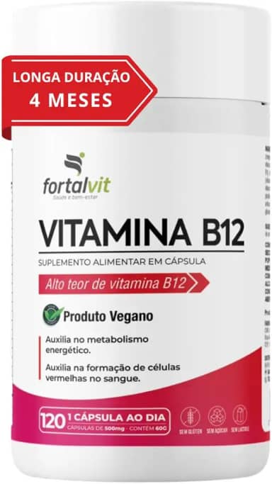 Vitamina B12 Ativa (metilcobalamina) Longa Duração: 4 Meses de Uso, Cápsulas Vegana, 120 Cápsulas,Fortalvit