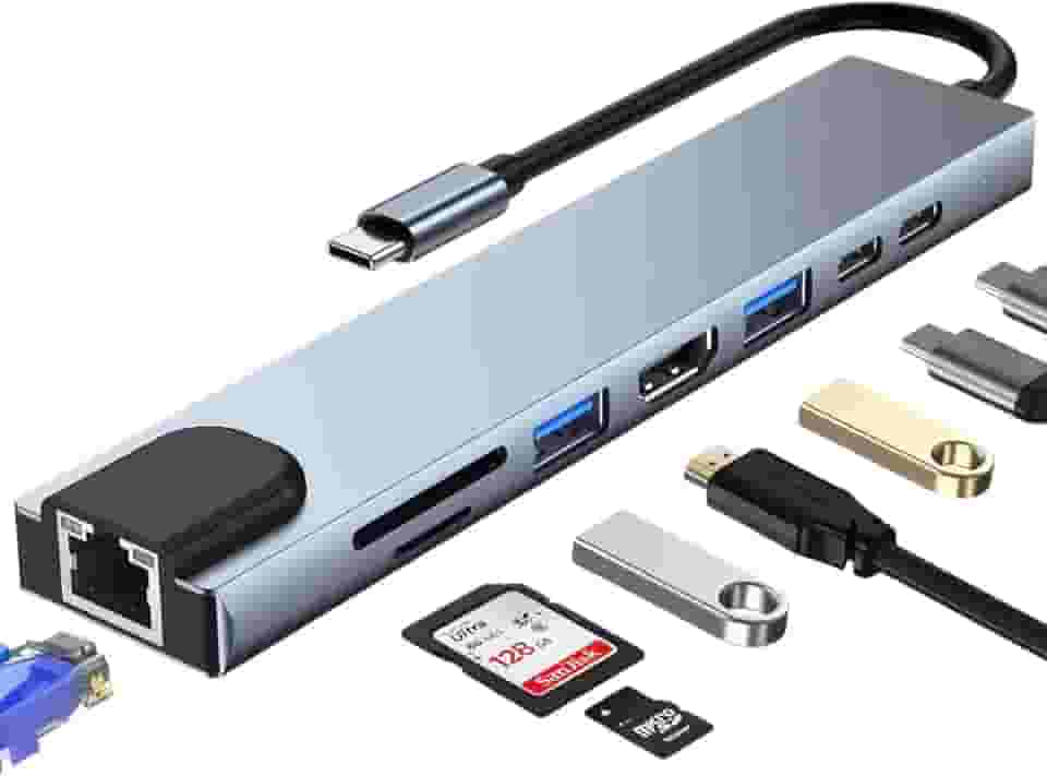 Adaptador Dock Station Hub 8 em 1 Tipo C USB 3.1 PD Adaptador Multiportas Dex USB C com Saída HDMI 4K, Fonte de Alimentação tipo C, Leitor de Cartões entrada Rede