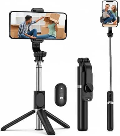 Bastão de Selfie Tripé 3 em 1 – Rotação 360° com Controle Bluetooth – Dobrável, Leve e Ideal para Fotos e Vídeos no Celular Linha Premium